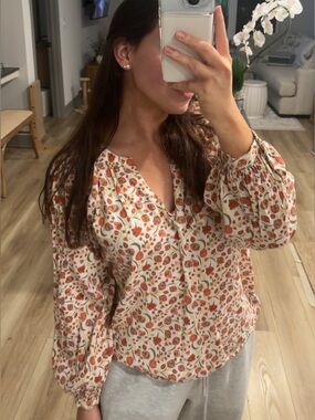 Boho Cream Floral Peasant Blouse with Orange Print